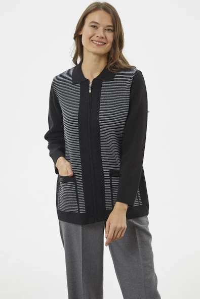 Kalın Fermuarlı Cep Detaylı Triko Hırka - Siyah - Resim 3