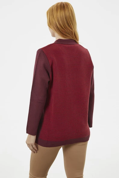 Kalın Fermuarlı Cep Detaylı Triko Hırka - Bordo - Resim 5