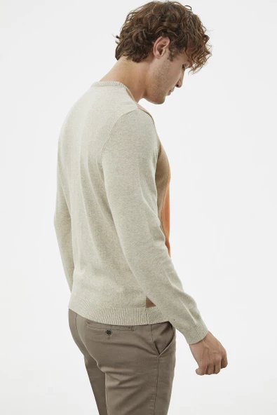 Çok Renkli Blok Desen Triko Kazak - Krem - 5