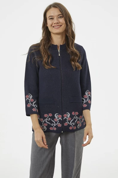 Çiçek Desen Detaylı Yünlü Triko Hırka - Lacivert - Resim 2