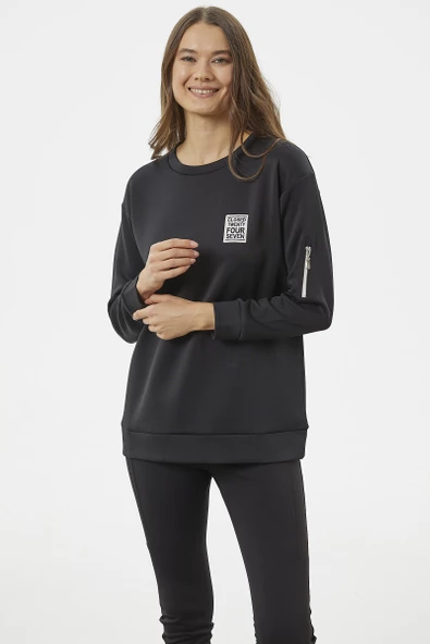 Fermuarlı Rahat Kalıp Sweatshirt - Siyah - Resim 3