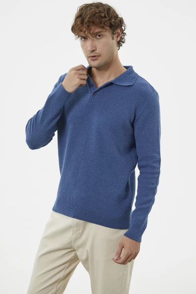 Polo Yaka Düğmeli Triko Kazak - Indigo - Resim 4