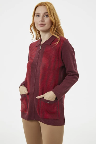 Kalın Fermuarlı Cep Detaylı Triko Hırka - Bordo - Resim 2