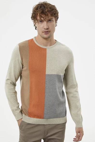 Çok Renkli Blok Desen Triko Kazak - Krem - 2