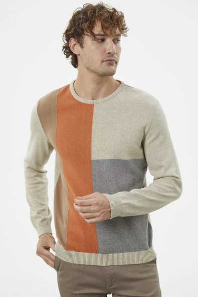 Çok Renkli Blok Desen Triko Kazak - Krem - 3