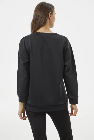Fermuarlı Rahat Kalıp Sweatshirt - Siyah - Resim 6