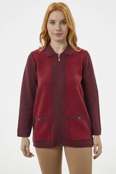 Kalın Fermuarlı Cep Detaylı Triko Hırka - Bordo ürün görseli