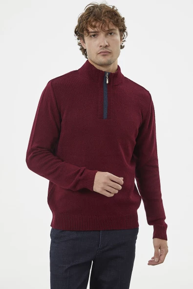 Dik Yaka Fermuarlı Triko Kazak - Bordo - 2