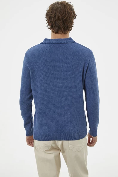Polo Yaka Düğmeli Triko Kazak - Indigo - Resim 7