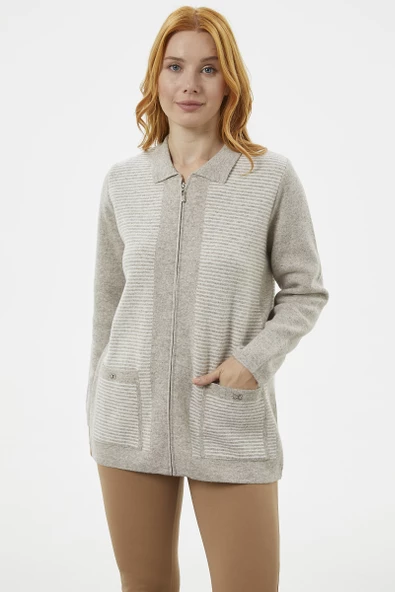 Kalın Fermuarlı Cep Detaylı Triko Hırka - Vizon ürün görseli