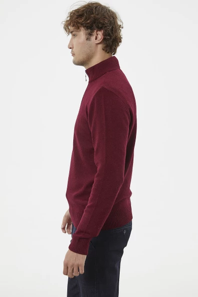 Dik Yaka Fermuarlı Triko Kazak - Bordo - 4