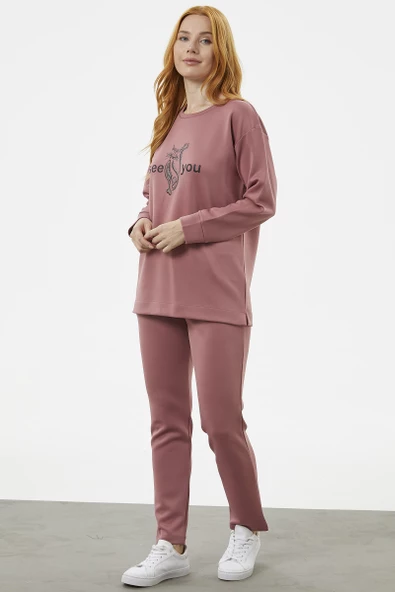 Baskılı Sıfır Yaka Oversize Eşofman Takım - Gül - 3