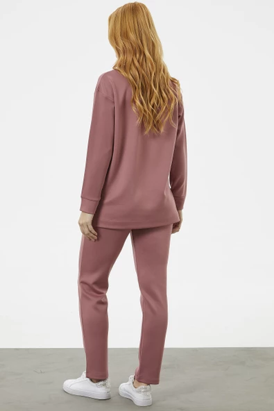 Baskılı Sıfır Yaka Oversize Eşofman Takım - Gül - 6