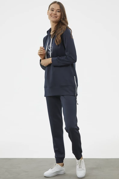 Dalgıç Kumaş Kapüşonlu Tunik Eşofman Takım - Lacivert - Resim 4