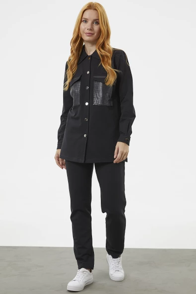 Çıtçıtlı Cep Detaylı Tunik Eşofman Takım - Siyah - Resim 2