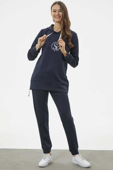 Dalgıç Kumaş Kapüşonlu Tunik Eşofman Takım - Lacivert - Resim 2