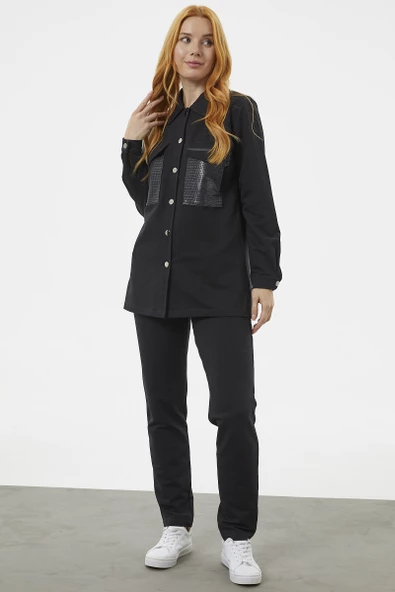Çıtçıtlı Cep Detaylı Tunik Eşofman Takım - Siyah - Resim 3