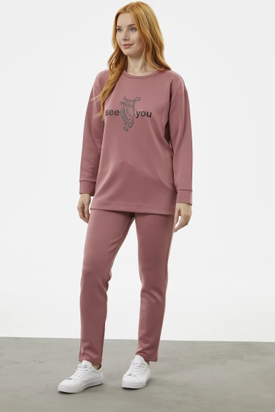 Baskılı Sıfır Yaka Oversize Eşofman Takım - Gül - 2