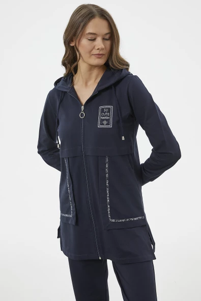 Kapüşonlu Biye Detaylı Fermuarlı Eşofman Takımı - Lacivert - Resim 5