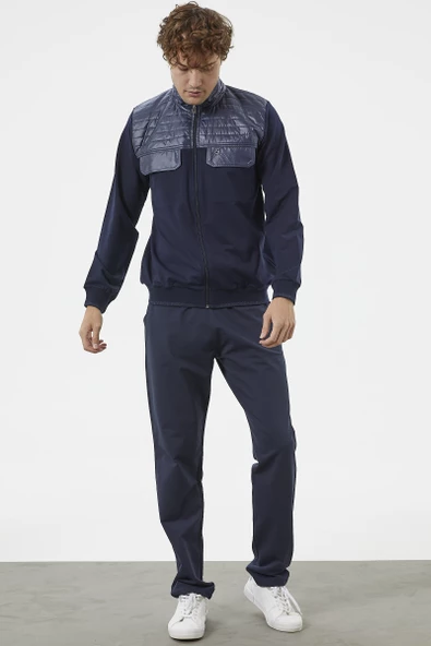 Kapitone Dik Yaka Fermuarlı Eşofman Takım - Lacivert - Resim 4