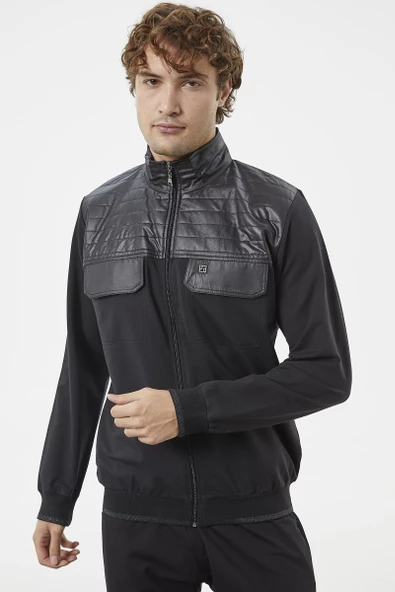 Kapitone Dik Yaka Fermuarlı Eşofman Takım - Siyah - Resim 2