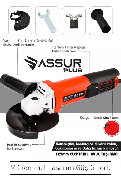 Assur Plus 550 W 125 mm Bakır Sargılı Spiral Avuç Içi Kesme Ve Ahşap Metal Kesme Taşlama Makinası