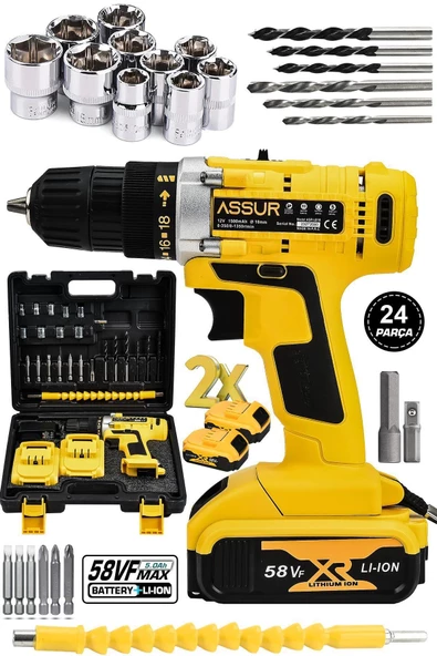 Assur Germany Technology 58 VF 5 Ah Çift Akülü 24 Parça Şarjlı Matkap Sarı