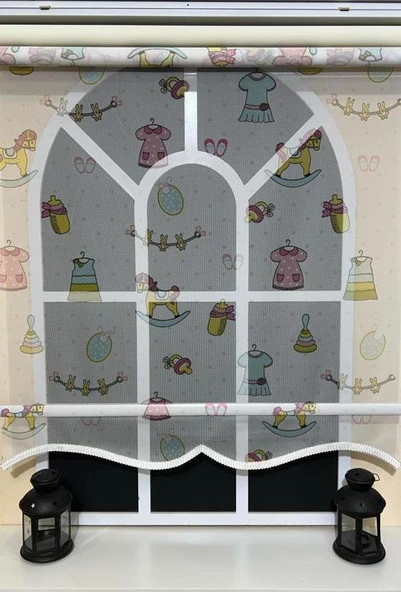 StorBurada Çift Mekanizmalı Desenli Tül Stor Perde Çocuk Odası Baskı STB-109  Beyaz 140 x 200 - 4