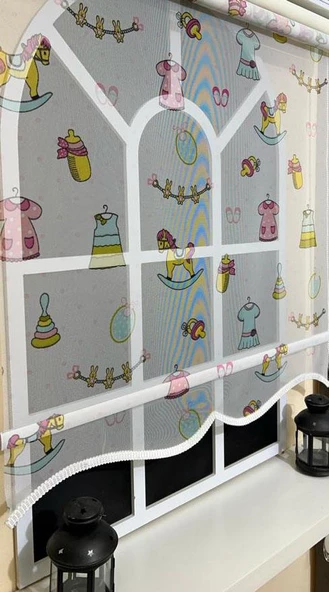 StorBurada Çift Mekanizmalı Desenli Tül Stor Perde Çocuk Odası Baskı STB-109  Beyaz 140 x 200 - 2