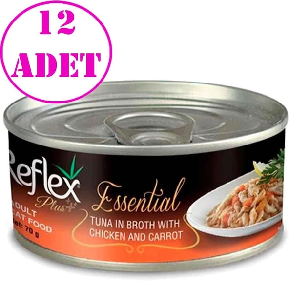 Reflex Plus Essential Ton Balıklı, Tavuklu Ve Havuçlu Yetişkin Kedi Konservesi 70 Gr 12 AD