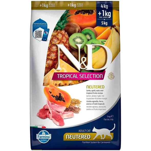ND Tropical Meyveli Kuzu Etli Kısır Kedi Maması 4+1 Kg
