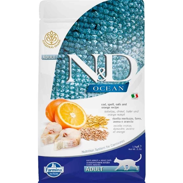 ND Ocean Kedi Maması Morina Balıklı ve Portakallı Düşük Tahıllı 1,5 Kg