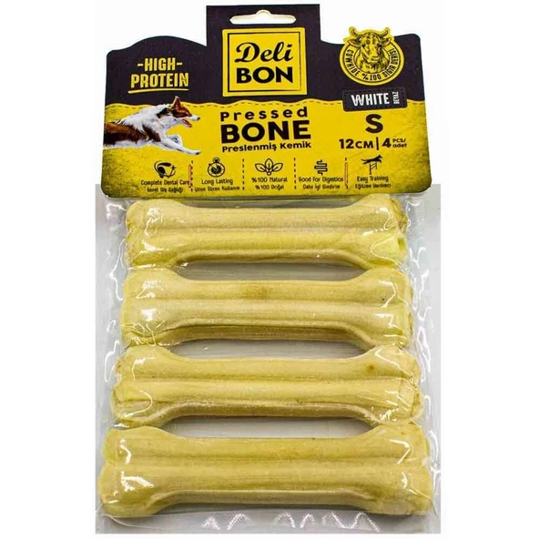 DeliBon Deri Press Köpek Kemik 12 Cm 4 lü Beyaz