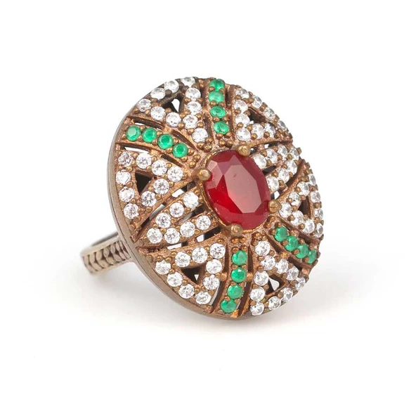 925 Ayar Gümüş Ve Bronz Karışımı Zirkon Yakut Zümrüt Taşlı Yüzük