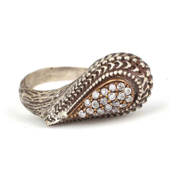 925 Ayar Gümüş Ve Bronz Karışımı Zirkon Taşlı, Damla Şekilli Yüzük. ürün görseli 1