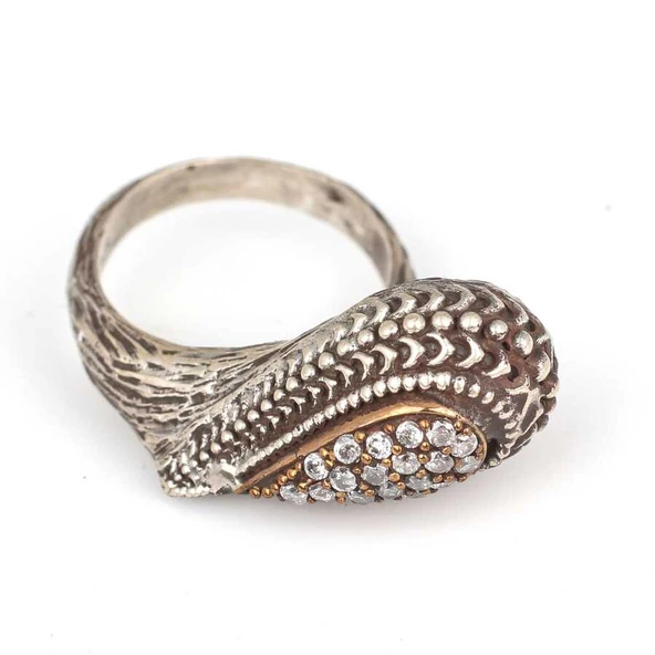 925 Ayar Gümüş Ve Bronz Karışımı Zirkon Taşlı, Damla Şekilli Yüzük. - Resim 2