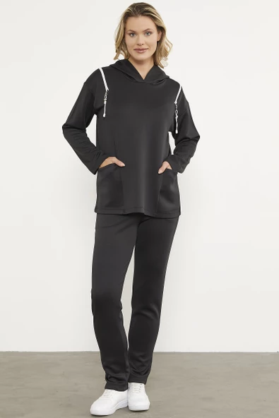 Fermuar Detaylı Cepli Eşofman Takım - Siyah - Resim 2