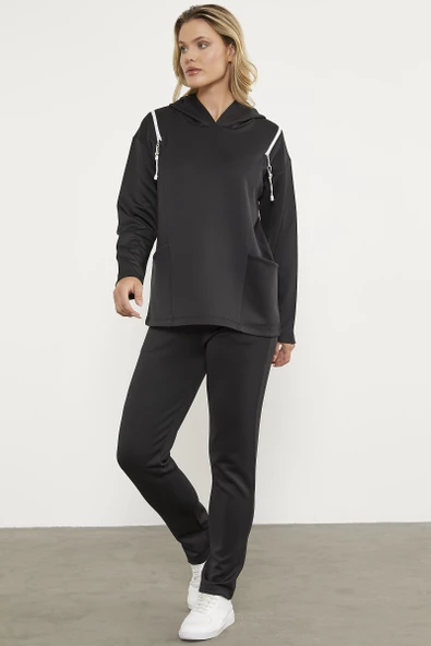 Fermuar Detaylı Cepli Eşofman Takım - Siyah - Resim 4