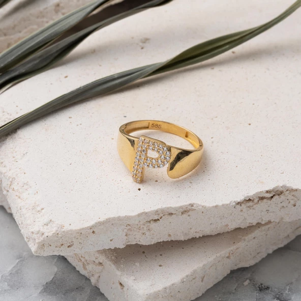 14 Ayar P Harf Kadın Altın Yüzük - Resim 4