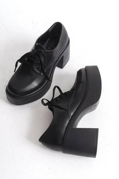 Tonda Siyah Mat Kalın Platform Topuklu Günlük Ayakkabı - Resim 2