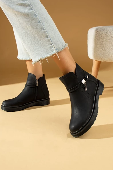 Pembe Potin Toka Detaylı Kauçuk Taban Fermuarlı Kadın Bot & Bootie 59-2003-23Mat