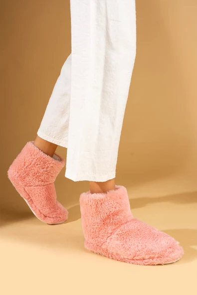Pembe Potin Rahat Taban Peluş Kumaş Bilekte Kadın Ev Botu Panduf CK-455-23 - Resim 8