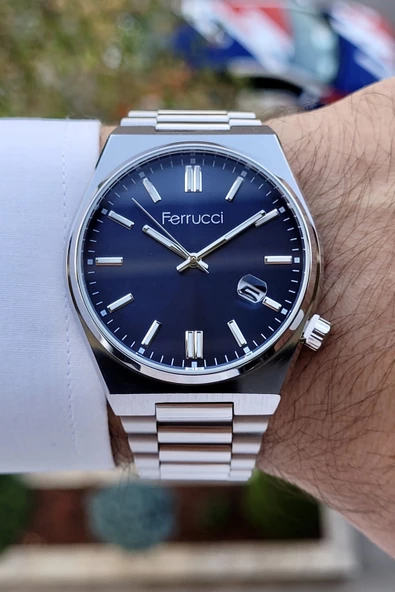 Ferrucci FCISTE223 Kadranı Lacivert Kordonu Gümüş Renk Takvimli Erkek Kol Saati - Resim 2