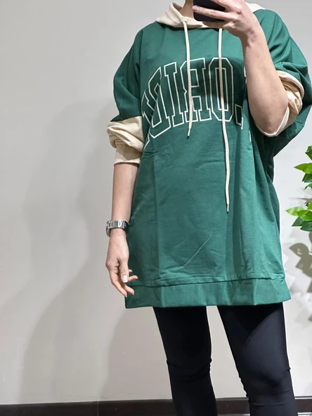 Kapüşonlu Oversize Sweatshirt Koyu Yeşil Standart