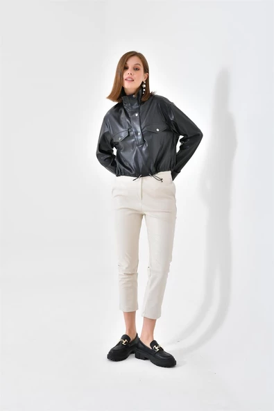 FTZ Women Kadın Deri Bluz  Siyah RBN4017 - Resim 2