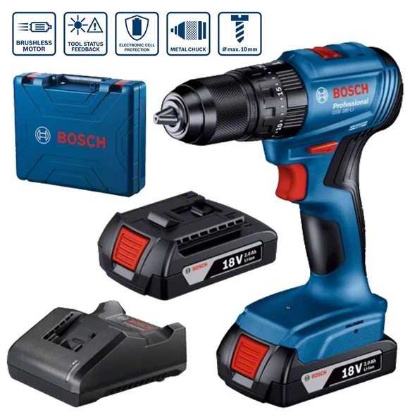 Bosch Professional GSB 185-LI  2Ah 18V Çift Akülü Kömürsüz Darbeli Delme Vidalama - 06019K3100