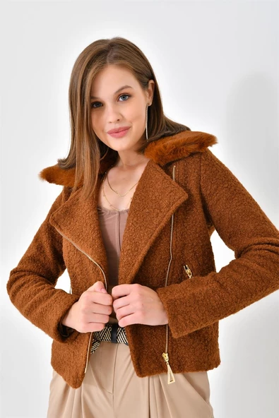 FTZ Women Kadın Kürk Detay Mont Taba RBN4039 - 3