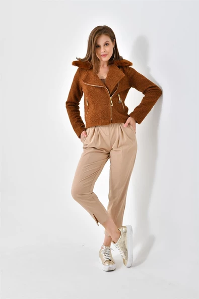 FTZ Women Kadın Kürk Detay Mont Taba RBN4039