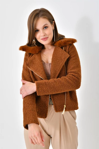 FTZ Women Kadın Kürk Detay Mont Taba RBN4039 - 5