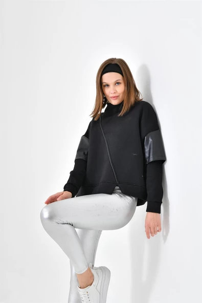 FTZ Women Kadın Deri Detaylı Sweatshırt  Siyah RBN4024 - 5